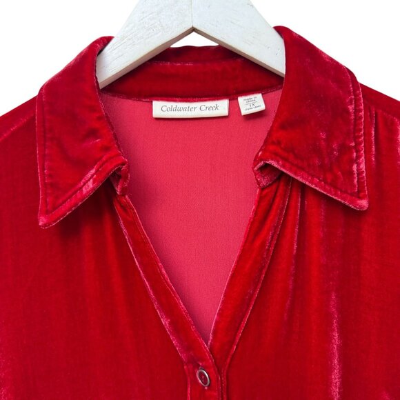 Coldwater Creek Velvet Top Womens Plus Size 1X Red Silk Blend Button up Blouse - Picture 4 of 8